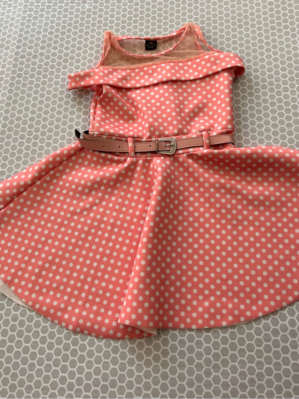 Sun Kids Coral Pink Polka Dot Fit & Flare Dress with Belt. Size 10